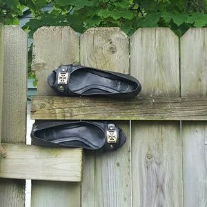 Tory Burch cork low wedge black open toe flat shoe
